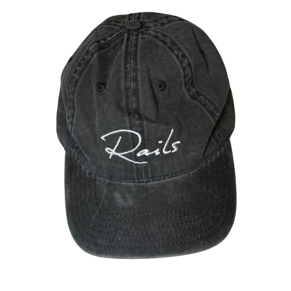 Rails Black Baseball Cap Hat‎ Embroidered Logo Est. 2009 Adjustable Distressed